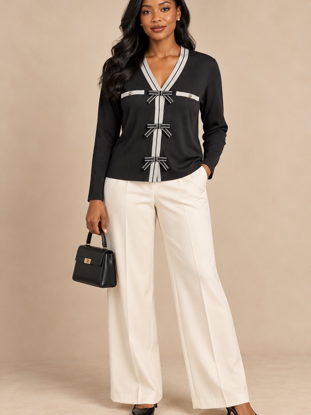 Black V-Neck Cardigan with Ivory Trim and Bow Details